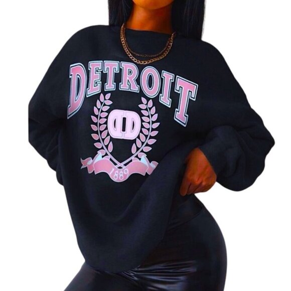 None Tops - Detroit Sweatshirt Womens Crew Neck Fleece Lined Black Pink Medium Black Pink